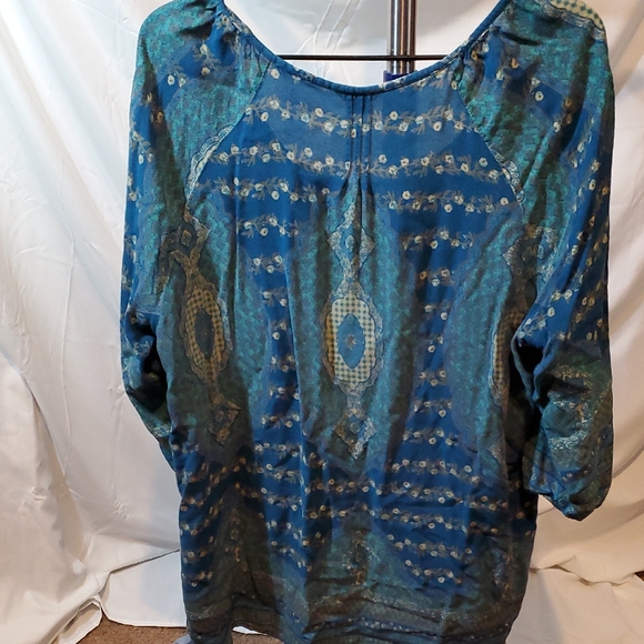 Blue Medallion Print Peasant Blouse with Tie Neck - Picture 4 of 6